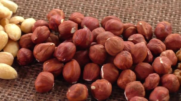 Mandle, kešu, vlašské ořechy a lískové oříšky, ležící na pytlovina — Stock video