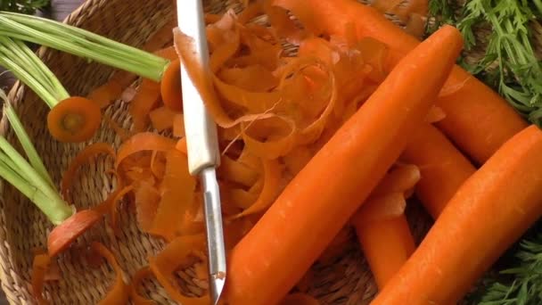 Fresh garden carrots and fresh peeled carrots — Stock Video