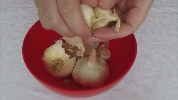 Hlavičky česneku v misce — Stock video