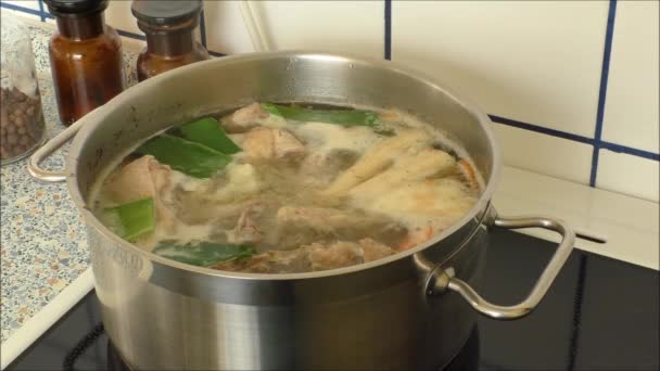 Mode traditionnel de cuisson de la soupe de poulet dans une grande casserole — Video