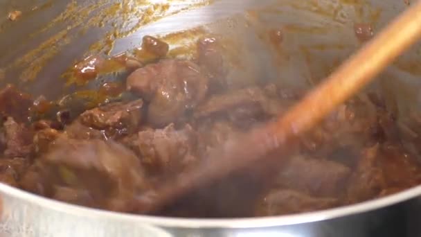 Närbild ångande köttet kuber för en gulasch maträtt i kruka. — Stockvideo