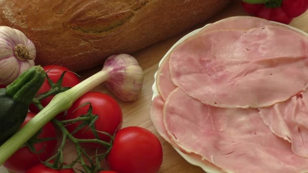 Pork ham slices on plate — Stock Video