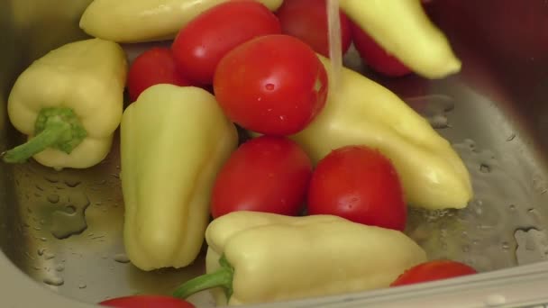 Wassen van groenten in gootsteen in keuken — Stockvideo