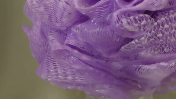 Мокрая фиолетовая губка в ванной комнате — стоковое видео