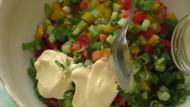 Mayonez ile giyinmiş taze sebze salatası — Stok video