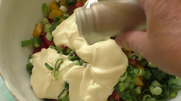 Verse groenten Salade gekleed met mayonaise — Stockvideo
