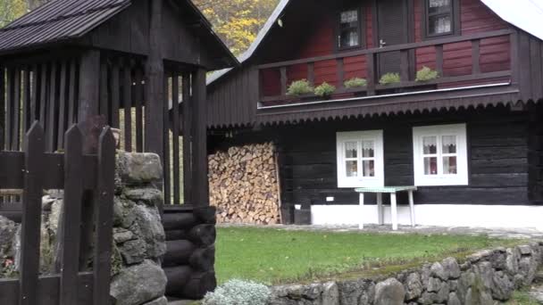 Mooi houten huis in de zomer — Stockvideo