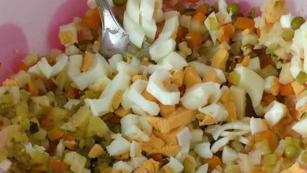 Fondo de preparación de ensaladas con pepino, huevo, papa, zanahoria — Vídeos de Stock