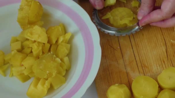 Voorbereiden diner: handen schillen aardappelen — Stockvideo
