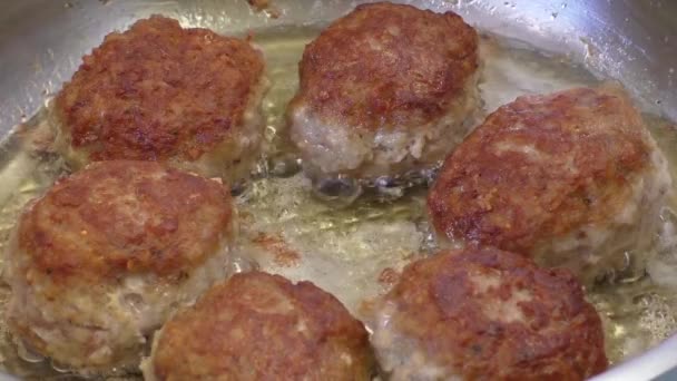 Patties of minced meat in a frying pan fried in oil — Stock Video