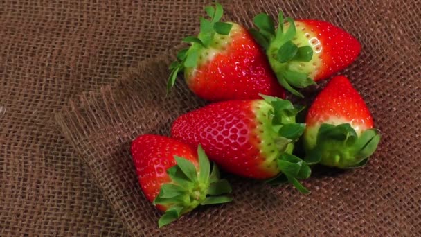 Ripe strawberries on jute sackcloth — Stock Video