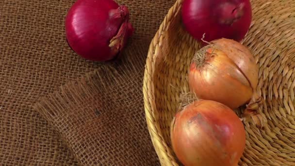 Various onions on a background sacking, burlap — Stock Video