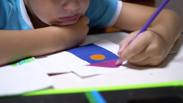 Hand Child Draws with Colored Pencils at Home. Home Schooling, Education Concept — Stock Video