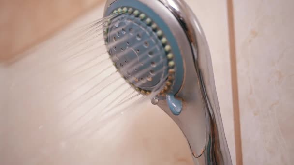 老淋浴头与强大的水滴流落下来。水压 — 图库视频影像