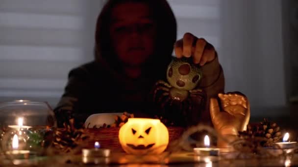 Загадочный мальчик с пауком при свече в темной комнате на Хэллоуин — стоковое видео