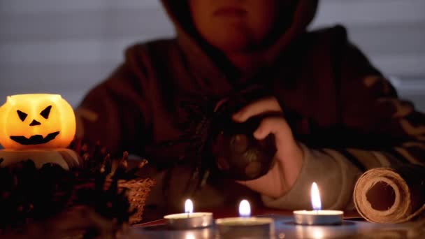 "Hood 'da Gizemli Çocuk Cadılar Bayramı' nda Karanlık Oda 'da Örümcek' le Oynuyor" — Stok video
