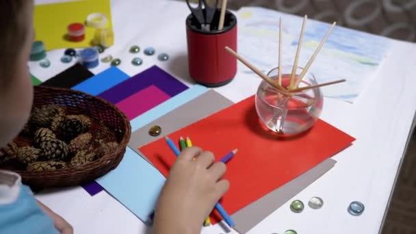 Utalentowany chłopiec trzyma szyszki sosnowe w dłoniach i kolorowe ołówki. Uczenie się online — Wideo stockowe