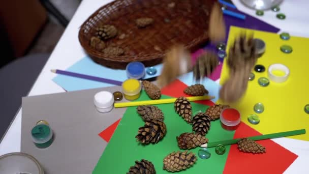 Çam kozalakları okul malzemeleri, kalemler, renkli kağıtlar ile masaya düşer. Sanat — Stok video