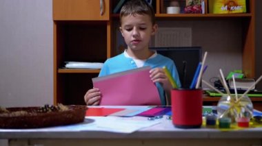 Mavi Tişörtlü Ciddi Çocuk Renkli Kağıtta Pembeyi Gösteriyor
