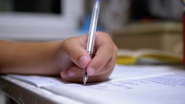 Schoolboy Writes with Left Hand in Notebook, Using Handle. Online Home Training — Stock Video