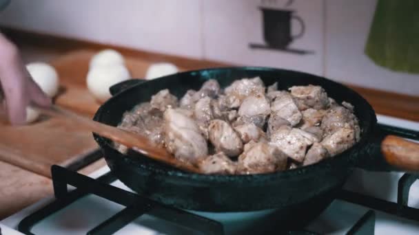 Samičí ruční kontroly Připravenost smaženého masa s dřevěnou patulou. Home Kitchen — Stock video