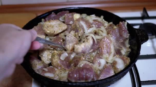 La main féminine vérifie l'état de préparation de la viande frite avec une cuillère à soupe. Accueil Cuisine — Video