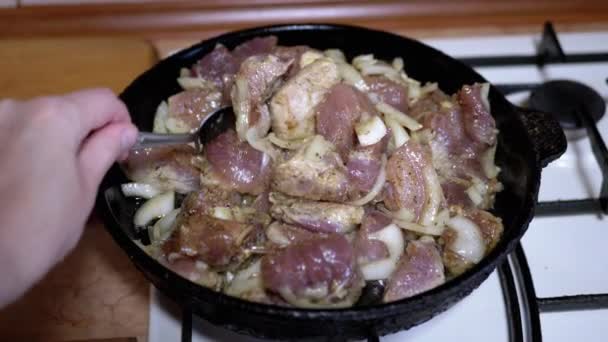 La main féminine vérifie l'état de préparation de la viande frite avec une cuillère à soupe. Accueil Cuisine — Video