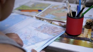 Konsantre, Akıllı Okul Çocuğu harita ve coğrafya okuyor. Çevrimiçi Ev Eğitimi.