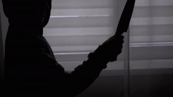 Silhouette of Lonely Child in Hood with Knife in Hand near Window. Killer Teen — Stock Video