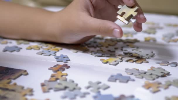 Les mains des enfants collectent des puzzles sur la table. Concept de développement de l'enfant. Gros plan — Video