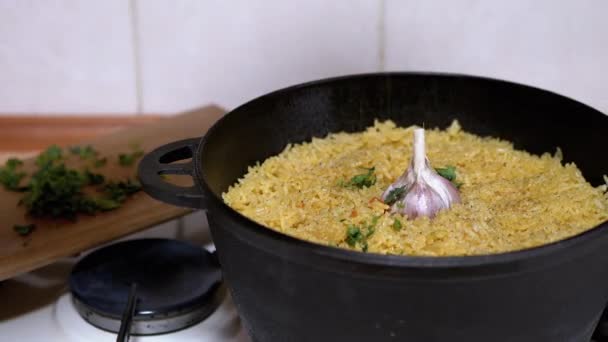 Female Hand Add Parsley to Finished Pilaf, Opening Lid of Cast Iron Cauldron — Stock Footage Female Hand Add Parsley to Finished Pilaf, Opening Lid of Cast Iron Cauldron Royalty Free Stock Footage