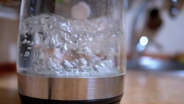 Bubbles in Water Wrzący wewnątrz szklanego czajnika elektrycznego na tle kuchni — Wideo stockowe