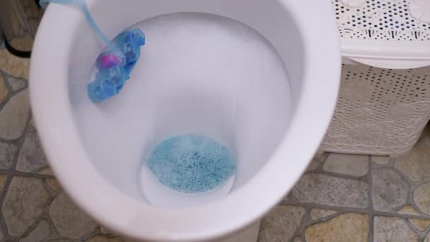 Proces odvádění vody do bílé záchodové mísy s dezinfekčním míčkem osvěžovač — Stock video