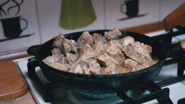 La mano femenina comprueba la preparación de la carne frita con espátula de madera. Cocina casera — Vídeo de stock