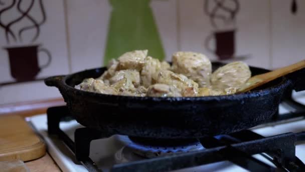 La mano femenina comprueba la preparación de la carne frita con espátula de madera. Cocina casera — Vídeo de stock