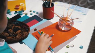 Yetenekli çocuk ellerinde çam kozalakları ve renkli kalemler tutuyor. Çevrimiçi Öğrenme