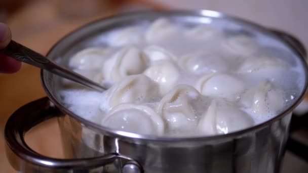 Process omrörning med en sked dumplings i Pan av kokande vatten i hemkök — Stockvideo