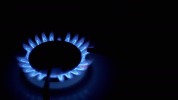 Włącz palniki gazowe, płonące niebieskim płomieniem, w nocy w kuchni. Zbliżenie — Wideo stockowe