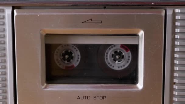 Old Transparent Cassette Cassette 90s Inside Gray Vintage Tape Recorder. Zoom: — Vídeos de Stock