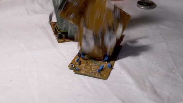 Old Printed Circuit Boards, Microcircuits, Radio Components Falling on Table — Stock Video