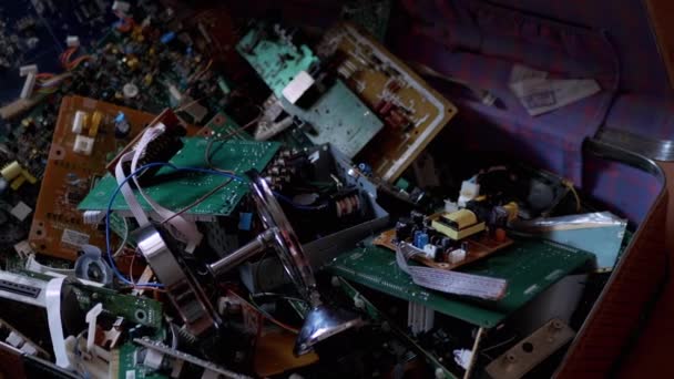 Suitcase with Old Boards, Radio Parts, Transistors, Microcircuits, Resistors. 4K — Stock Video