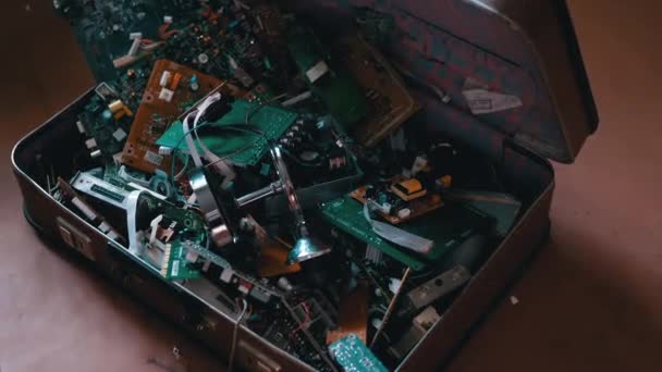 Suitcase with Old Boards, Radio Parts, Transistors, Microcircuits, Resistors. 4K — Stock Video