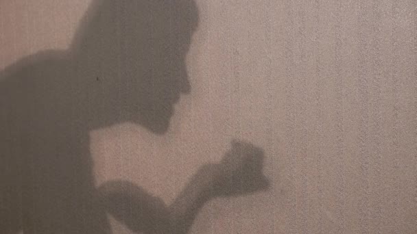 Nerozpoznatelná žena ukazuje divadlo stínů na zdi — Stock video
