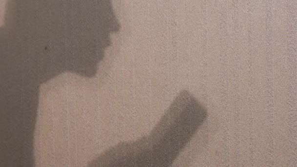 一个无法辨认的女人带着手机在墙上展示了一个阴影剧场。变焦 — 图库视频影像