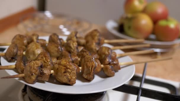 Kebab of Mushrooms, Champignons, Cooked on Wooden Skewers in Oven (en inglés). Cocina casera — Vídeo de stock