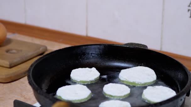 Process of Frying Zucchini in Boiling Oil Until Golden Brown. Vegetarian Food. — Stock Video