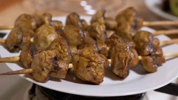 Kebab of Mushrooms, Champignons, Cooked on Wooden Skewers in Oven. Home Kitchen — Stock Video