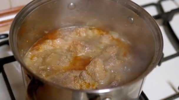 Cozinhando pedaços de carne de porco em uma panela no fogão a gás em molho de tomate. 4K — Vídeo de Stock