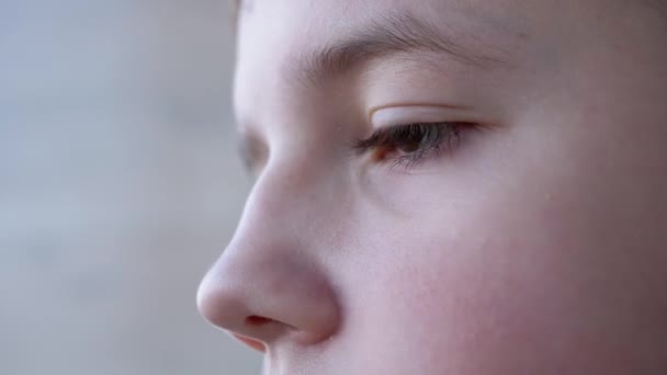 Παιδί με όμορφα παχιά, μακριά βλεφαρίδες ανοίγει και κλείνει τα μάτια. Πλευρική άποψη. 4K — Αρχείο Βίντεο