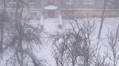 Şiddetli Kış Fırtınası, Eski Çok Katlı Binanın Avlusunda Kar yağışı. Büyüt